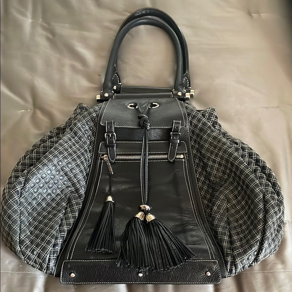 Zac Posen Black and White Hobo Bag with Checkered Pattern
